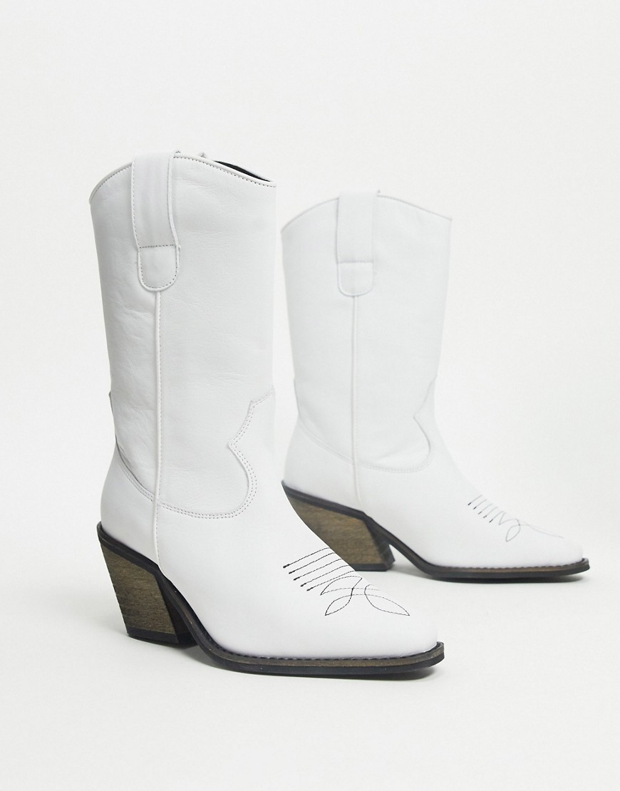 Vero Moda Leather Western Cowboy Boots In White