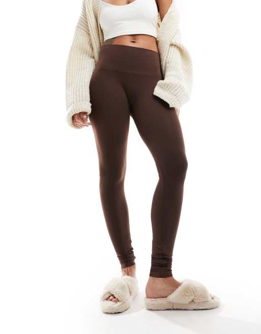 Leggings TiHO Donna Con Tasche - Stampa Foglie Autunnali Su Sfondo Marrone (Taglie Forti)