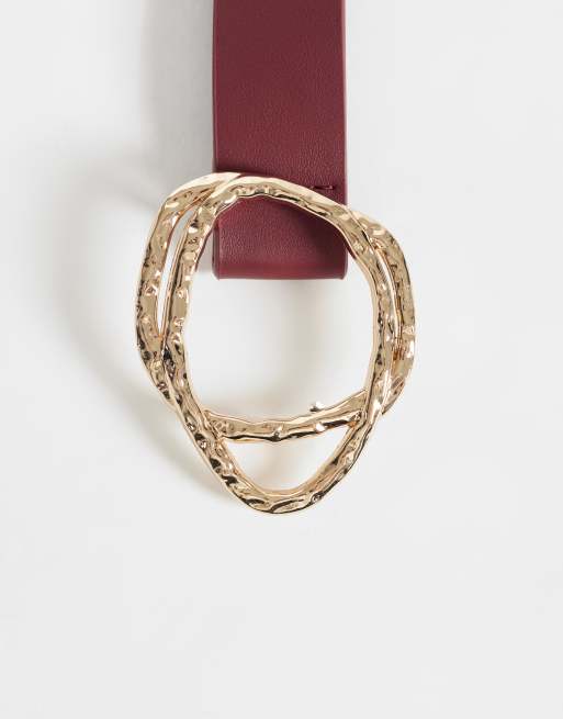 Vero Moda leren riem met gouden ronde gesp in bordeauxrood, 3 van 3