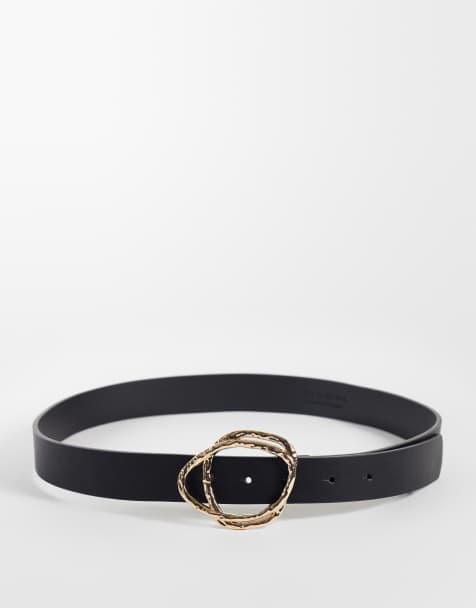 Vero Moda leren riem met gouden ronde gesp in zwart - view 1