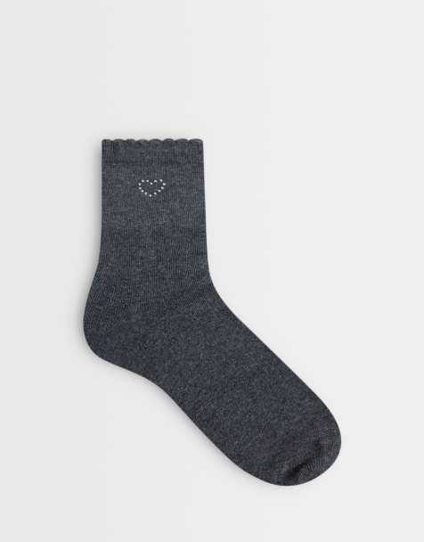 Vero Moda lettuce edge socks with rhinestone heart in dark grey melange - view 1