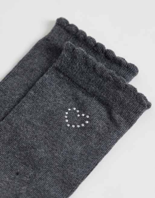 Vero Moda lettuce edge socks with rhinestone heart in dark grey melange, 2 of 3