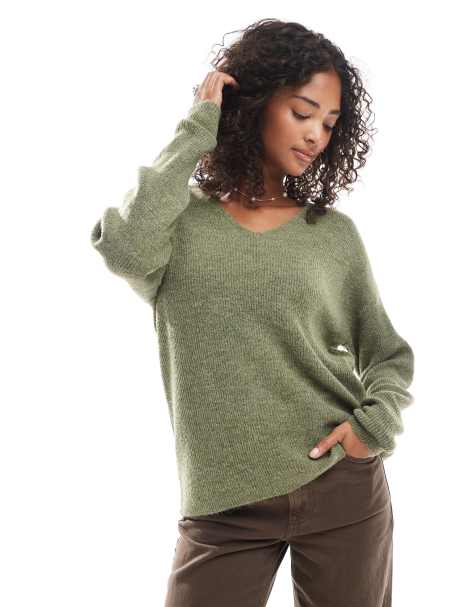Vero Moda lightweight v neck jumper in olive green - view 1