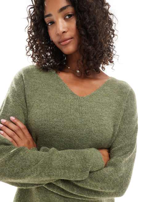 Vero Moda lightweight v neck sweater in olive green
