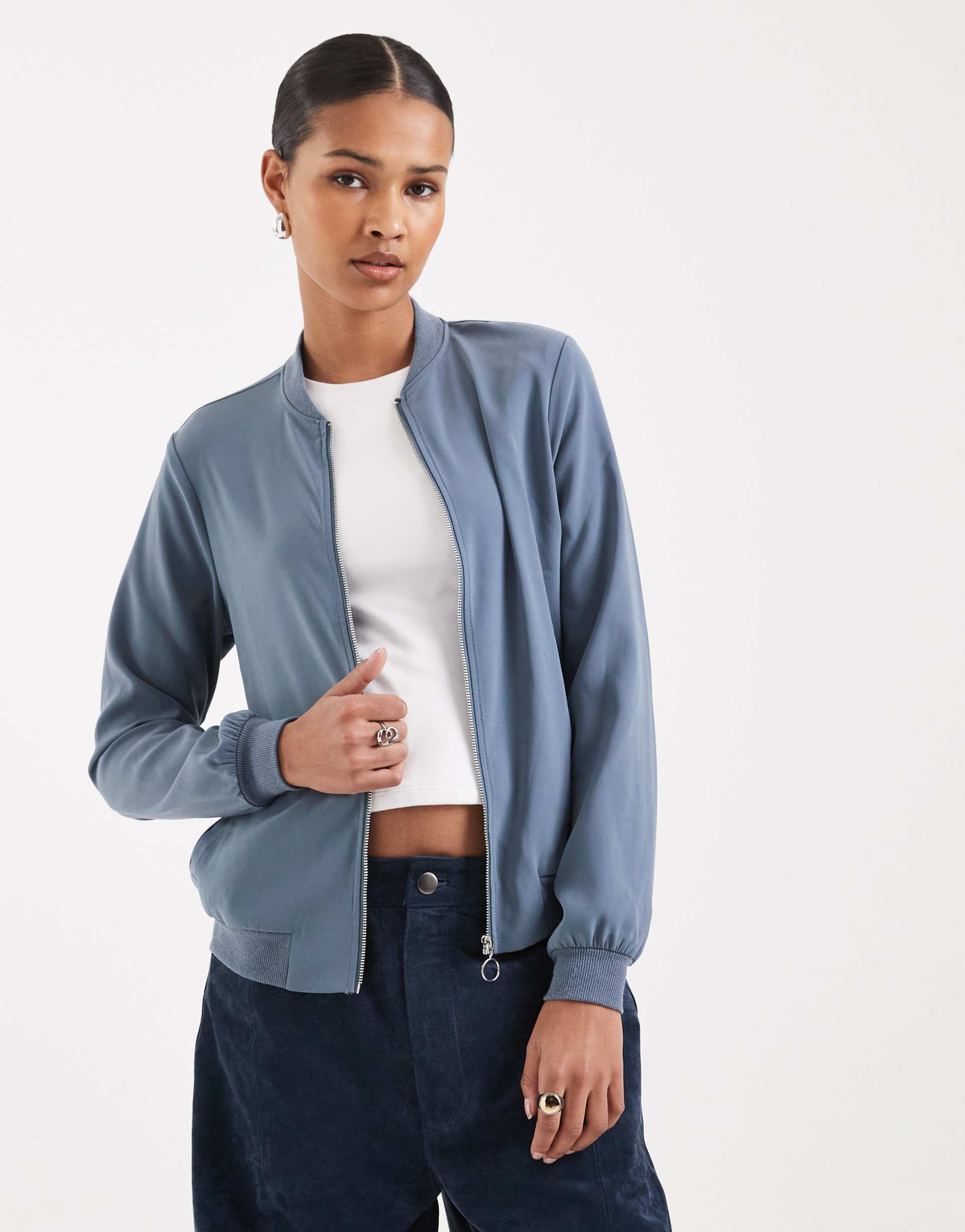 vero moda lightweight zip front bomber jacket in china blue