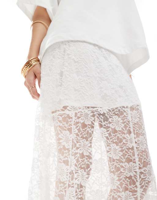 Vero Moda lined lace hanky hem midi skirt in white, 3 of 5