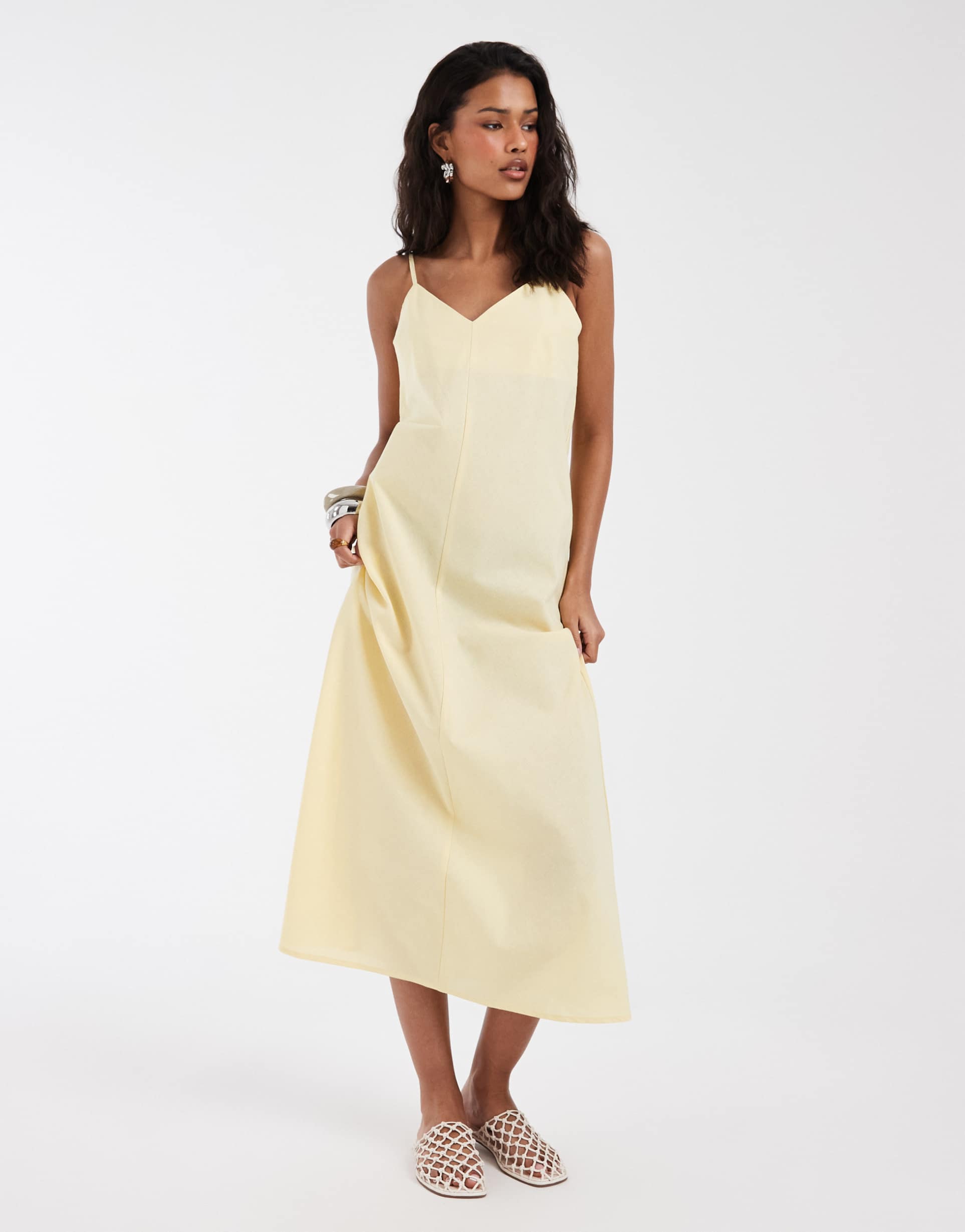 vero moda linen blend cami strap midi dress in banana yellow