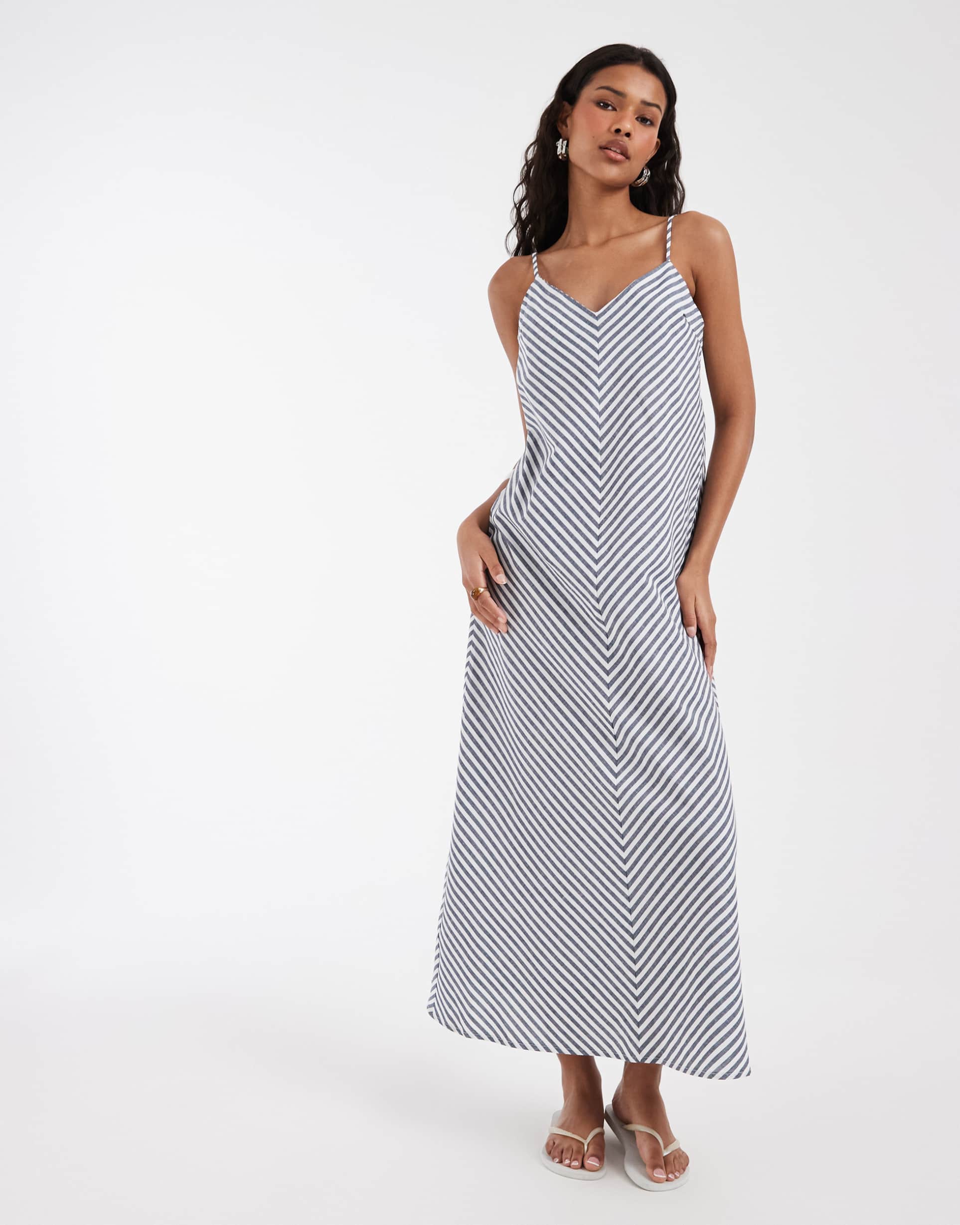 vero moda linen blend cami strap midi dress in navy and white stripe