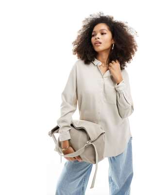 Vero Moda linen blend long sleeved shirt in stone-Neutral