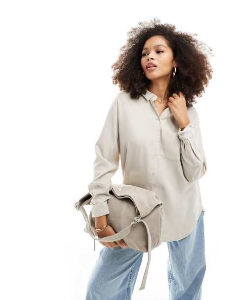 Vero Moda linen blend long sleeved shirt in stone - view 1
