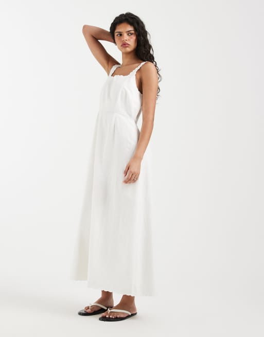 chinese dress ladies White Linen Midi Dress