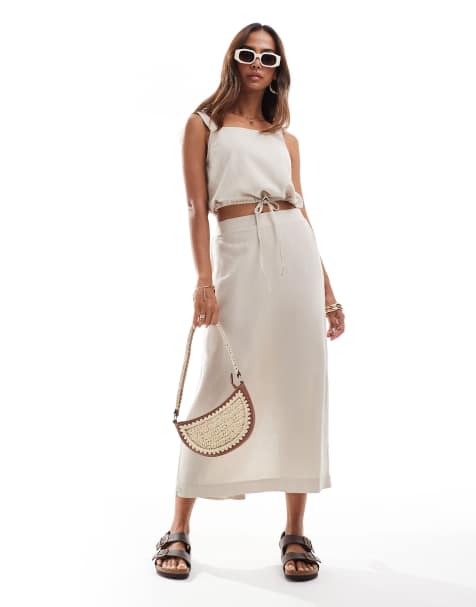 Vero Moda linen blend midi skirt co-ord in stone - view 1