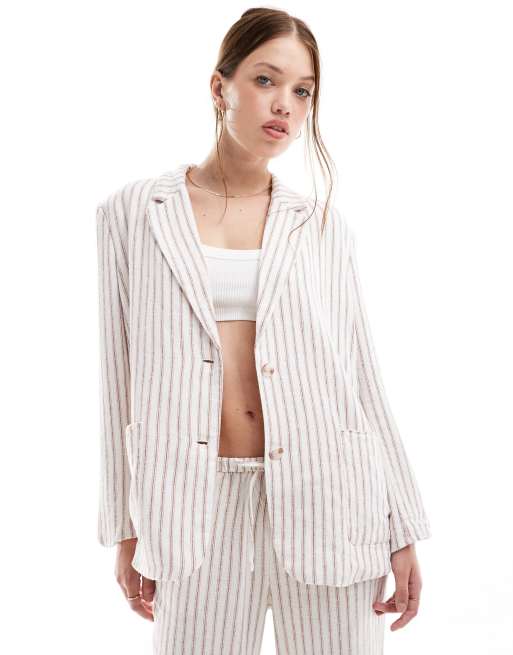 Vero Moda linen blend oversized blazer in terracotta stripe (part of a set)