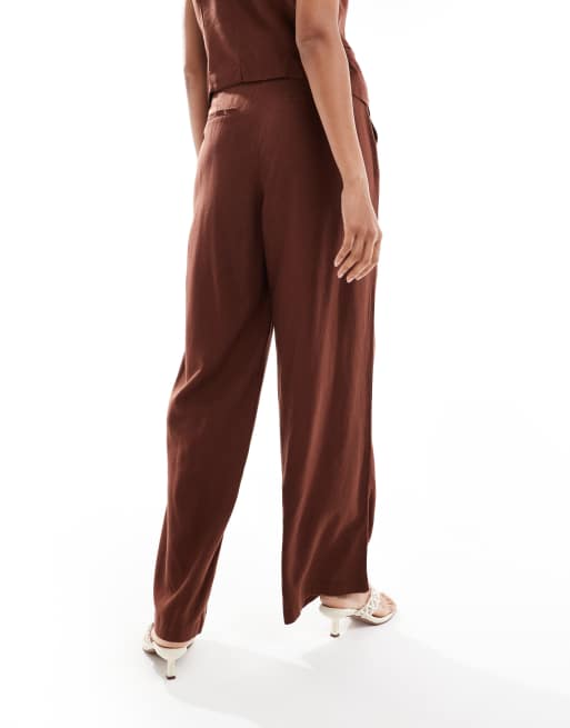 Vero Moda linen-blend pleat front wide leg pants in chocolate (Part of a set)       , 3 of 5