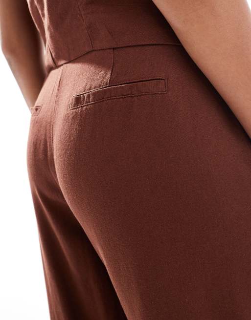 Vero Moda linen-blend pleat front wide leg pants in chocolate (Part of a set)       , 4 of 5