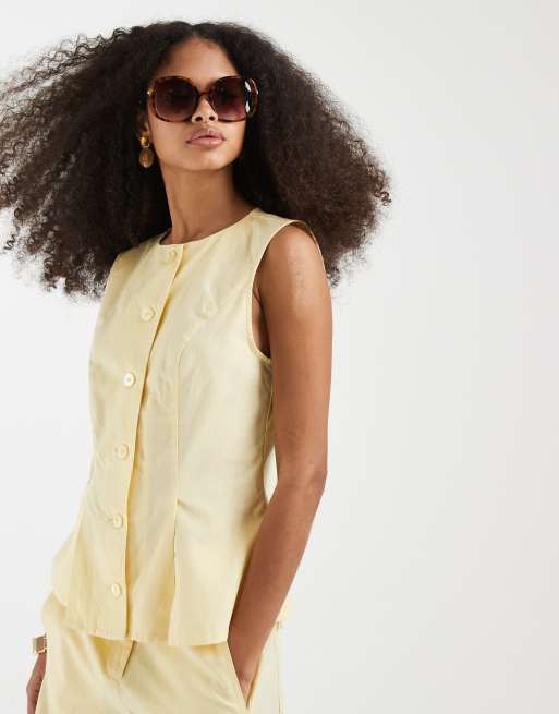 Vero Moda linen look tailored waistcoat and barrel leg pants set in banana yellow, 2 of 3