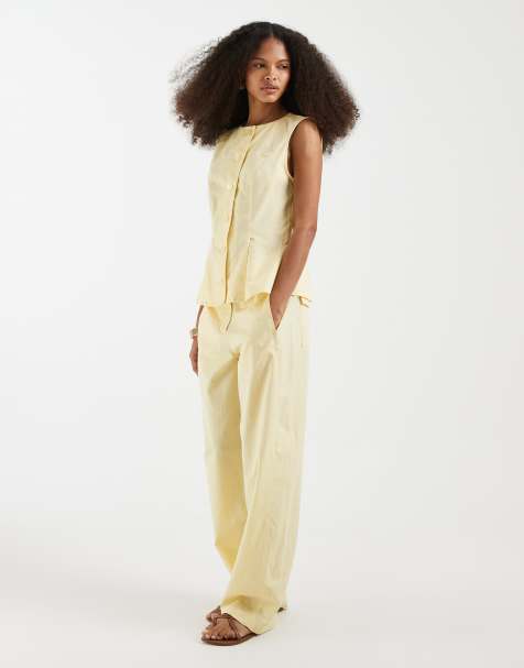 Vero Moda linen blend tailored wide barrel pants in banana yellow (part of a set) - view 1