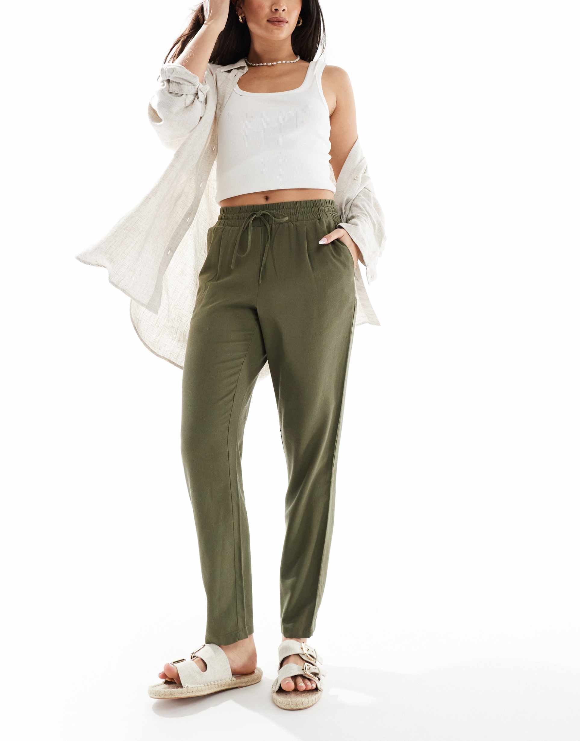 vero moda linen blend tapered dress pants in khaki