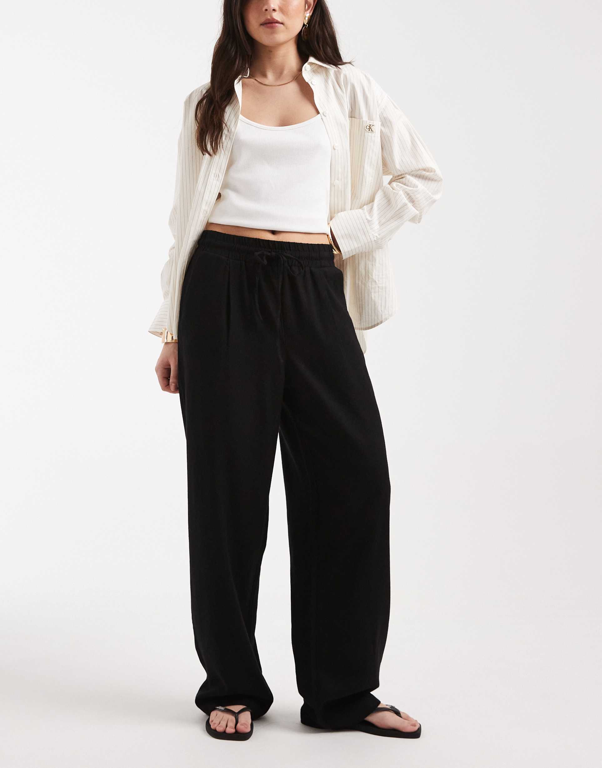 vero moda linen blend tie waist pants in black