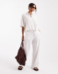 [Vero Moda] Vero Moda linen-blend tie waist pants in moon rock stripe (Part of a set)-White XS Snow White