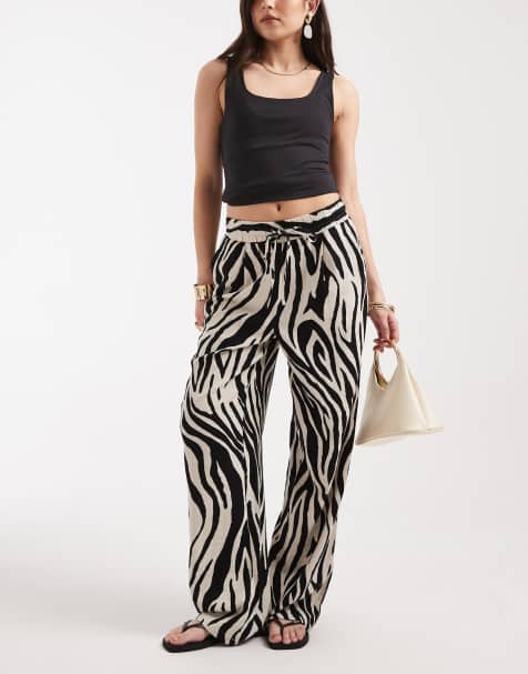 Vero Moda linen blend tie waist trousers in zebra print - view 1