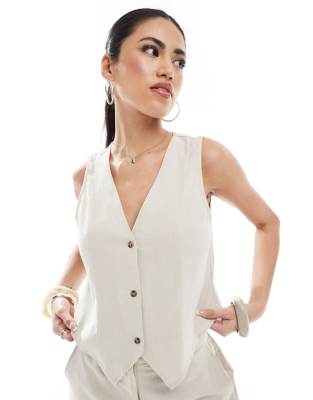 linen blend vest in stone - part of a set-Neutral