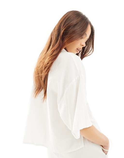 Vero Moda linen boxy short sleeved shirt in white (part of a set), 4 of 4