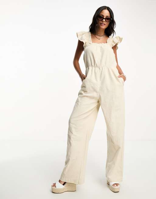 Linen-blend jumpsuit - Light beige - Ladies