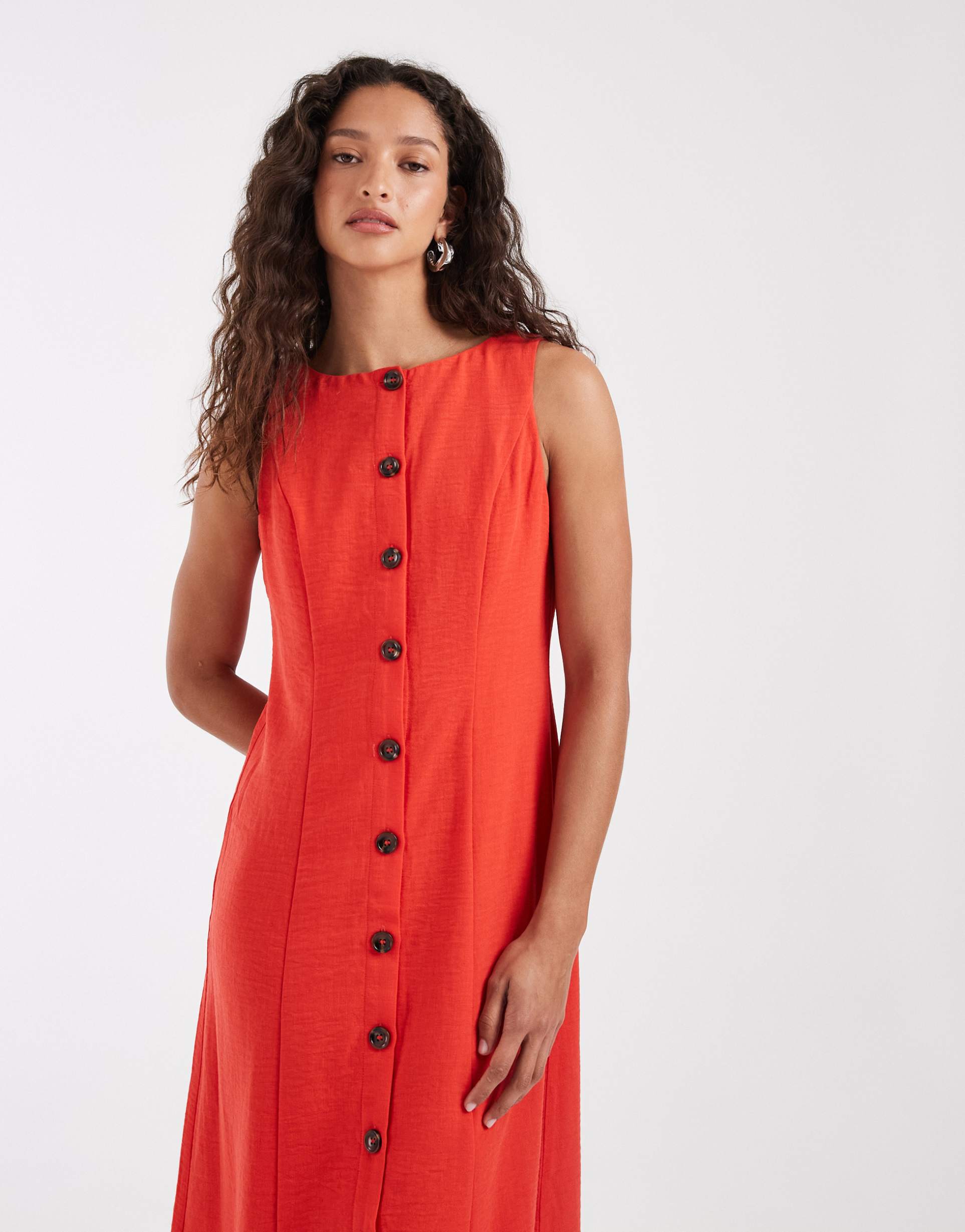 vero moda linen look button front maxi dress in poppy red