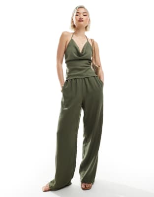 asos Vero Moda linen look cowl neck halter top and high waist trousers set in herb green