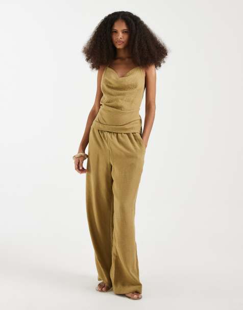 Vero Moda linen look cowl neck halter top and wide leg pants set in willow green - view 1
