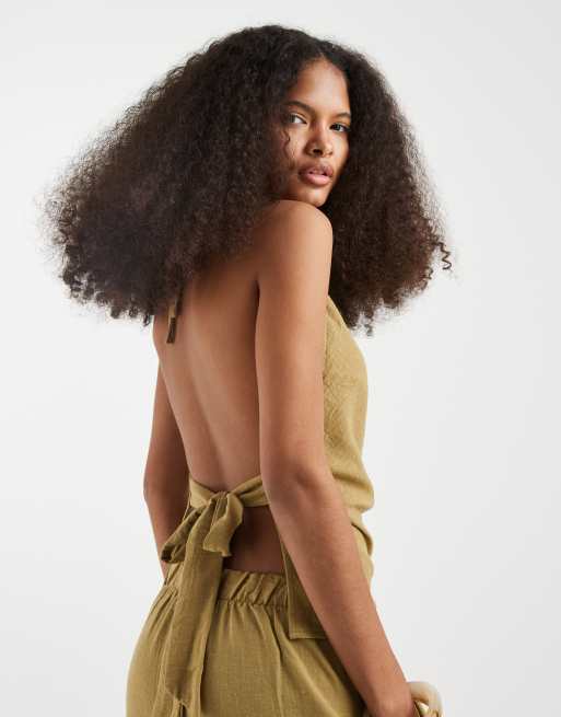 Vero Moda linen look cowl neck halter top and wide leg pants set in willow green, 2 of 3