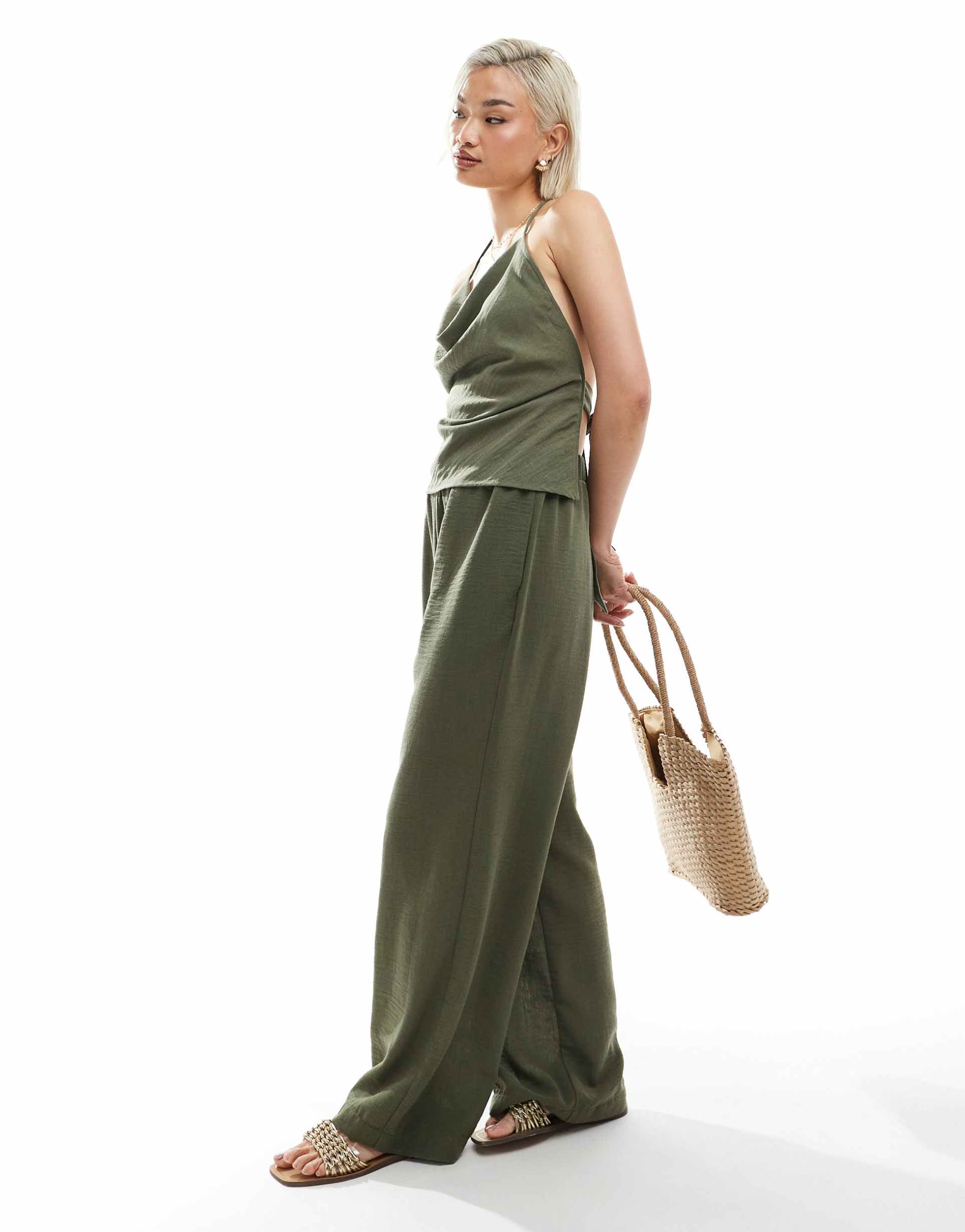 vero moda linen look high waist wide leg pants in herb green - part of a set