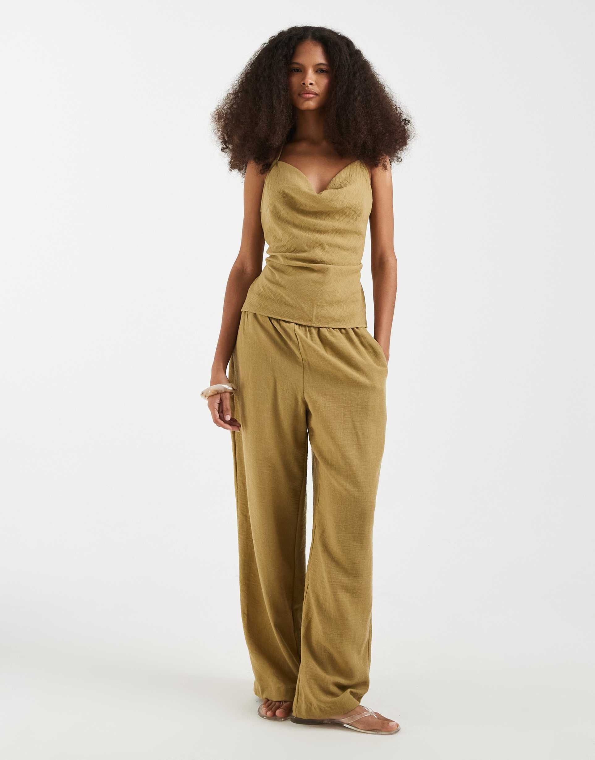 vero moda linen look high waist wide leg pants in willow green - part of a set