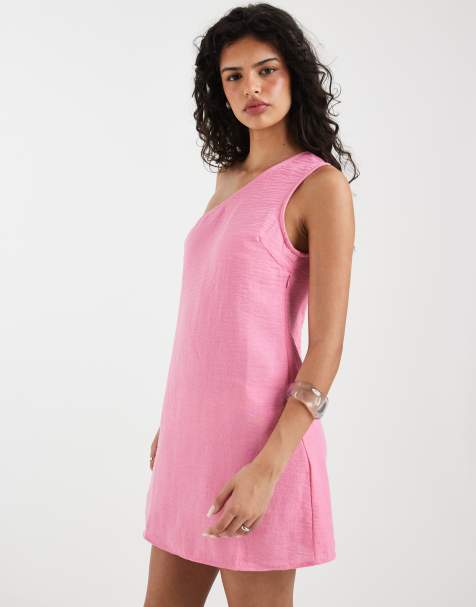 Vero Moda linen look one shoulder mini dress in cosmos pink