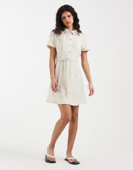 Vero Moda linen look plaited belt shirt mini dress in oatmeal, 2 of 4