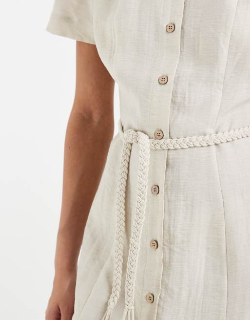 Vero Moda linen look plaited belt shirt mini dress in oatmeal, 3 of 4