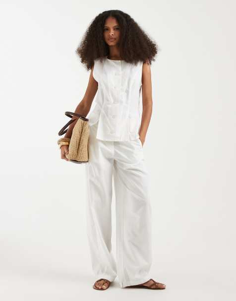 Vero Moda linen look tailored waistcoat and barrel leg trousers set in white - view 1