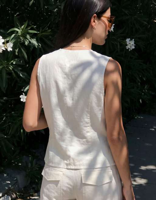 Vero Moda linen look tailored waistcoat co-ord in white, 3 of 3