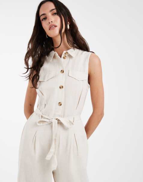Vero Moda linen look utility style tie waist jumpsuit in cream - view 1