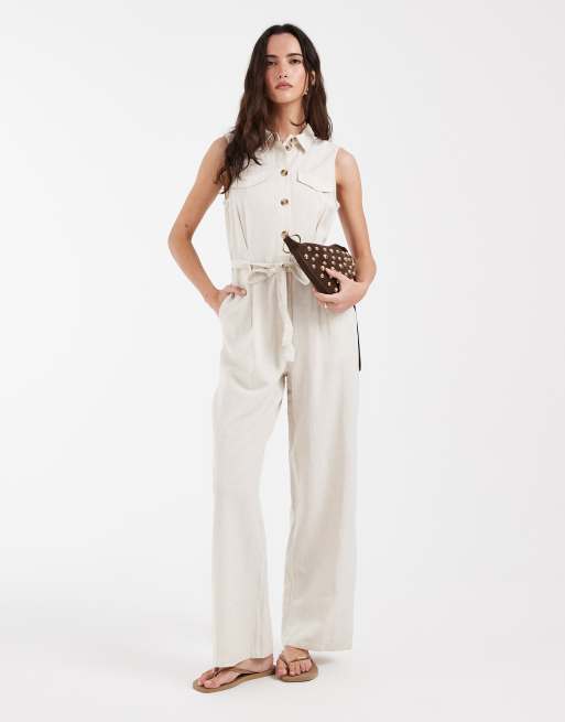 Vero Moda linen look utility style tie waist jumpsuit in cream, 2 of 4