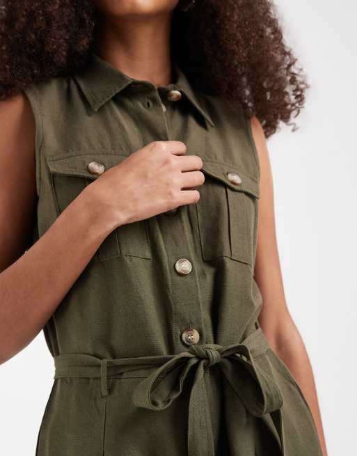 Vero Moda linen look utility style tie waist playsuit in khaki, 3 of 4