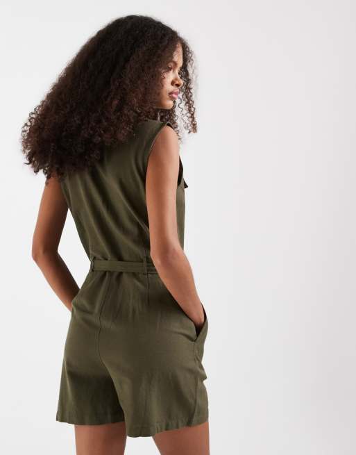 Vero Moda linen look utility style tie waist playsuit in khaki, 4 of 4