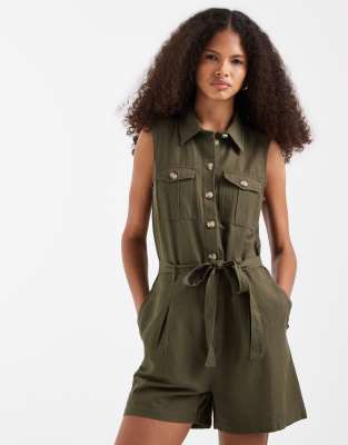 Vero Moda linen look utility style tie waist romper in khaki