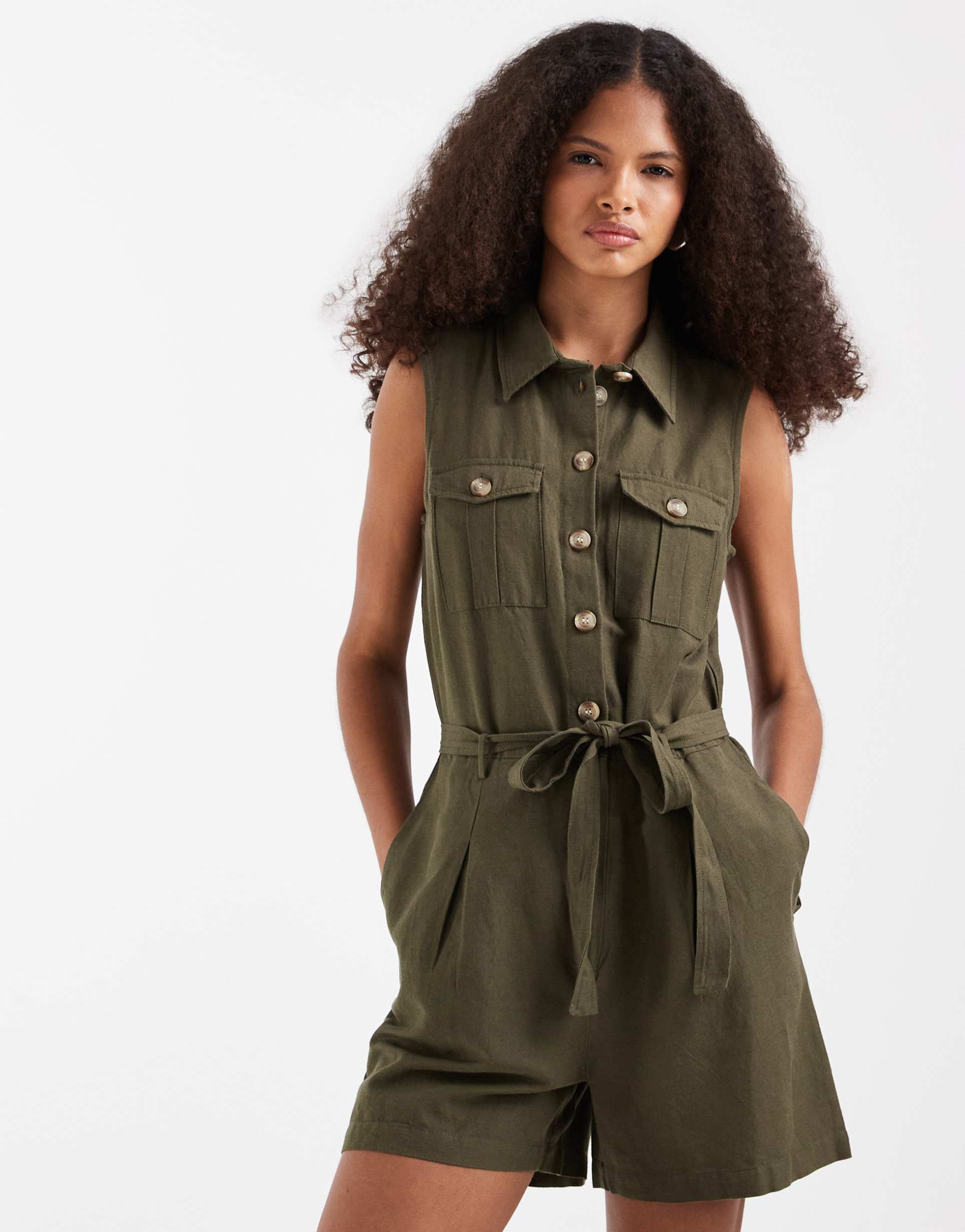 vero moda linen look utility style tie waist romper in khaki