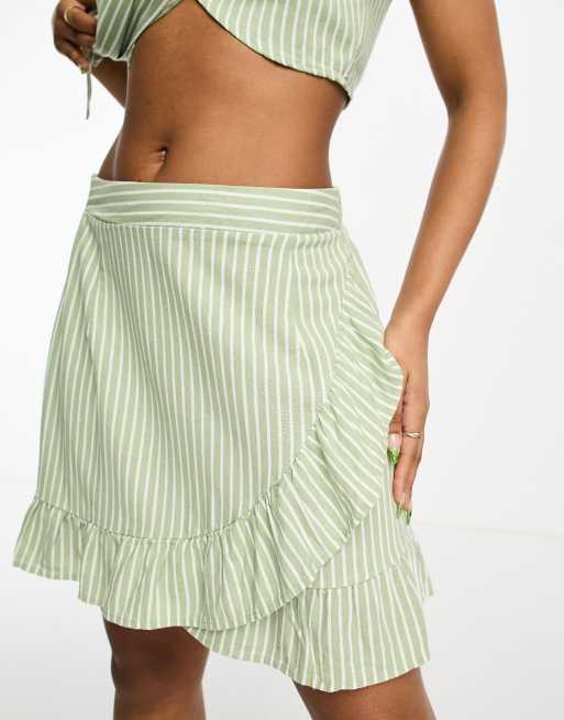 Vero Moda linen mix frill wrap mini skirt in green stripe (part of a set)