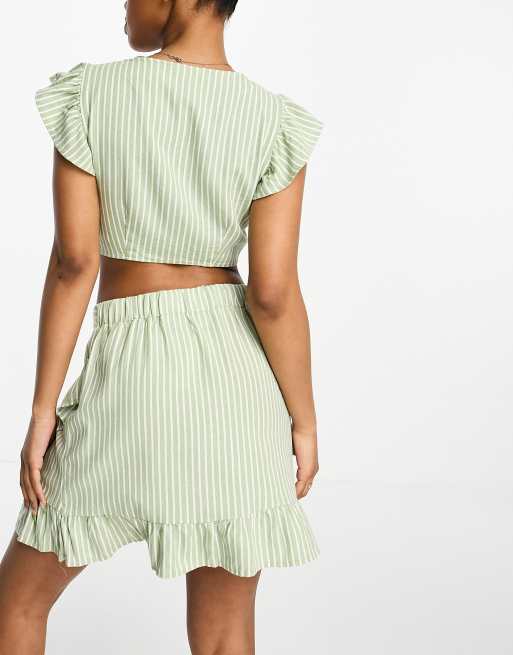 Vero Moda linen mix frill wrap mini skirt in green stripe (part of a set)