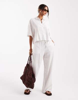 linen mix tie waist pants in moon rock stripe - part of a set-White