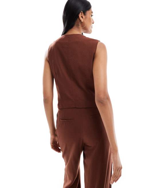 Vero Moda linen touch asymmetric button front vest in chocolate - part of a set, 3 of 4