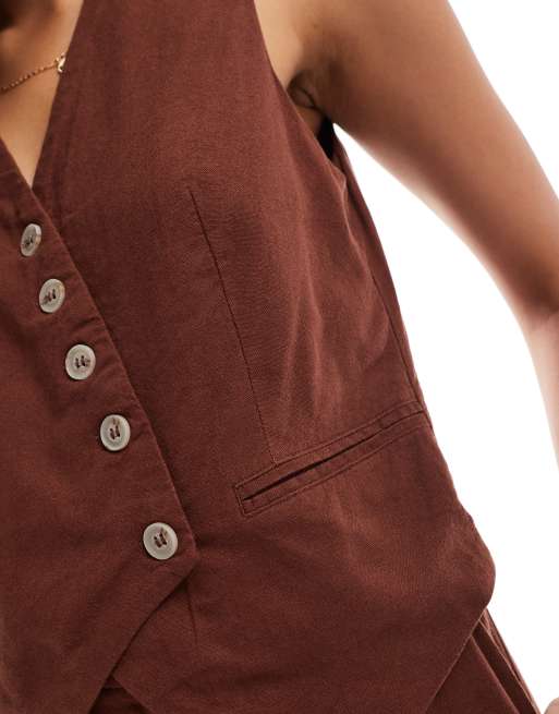 Vero Moda linen touch asymmetric button front vest in chocolate - part of a set, 4 of 4